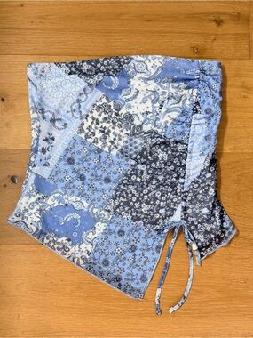 Almost Famous Blue Patchwork Paisley Floral Bandeau Tube Top Ruched Side Tie L